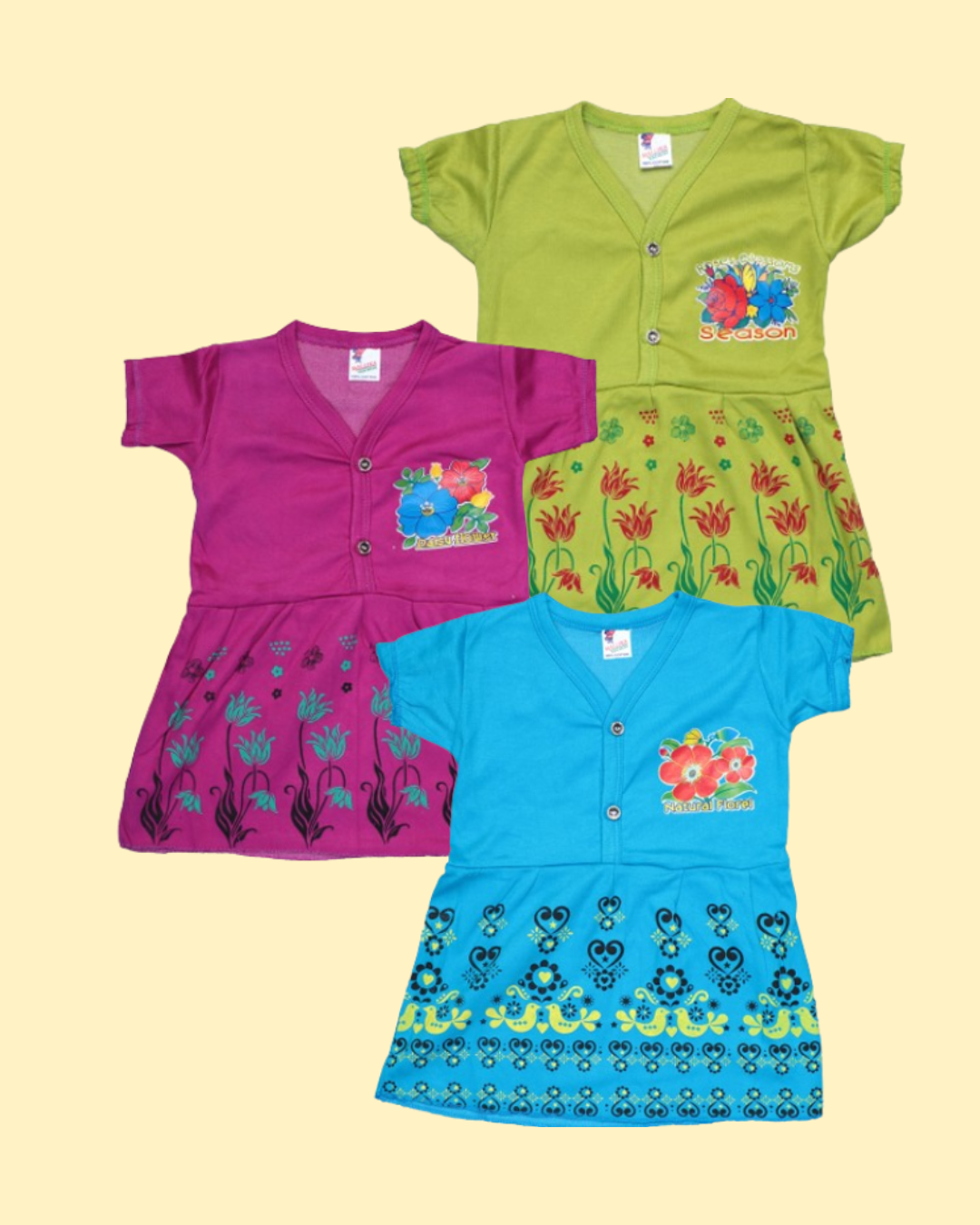 Baby Girl Printed Button Frocks | Pack of 5 | Soft Cotton Daily Wear