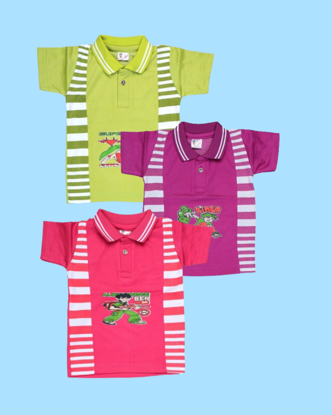 Baby Boys Striped Polo T-Shirts | Pack of 5 | Cartoon Printed Cotton Combo