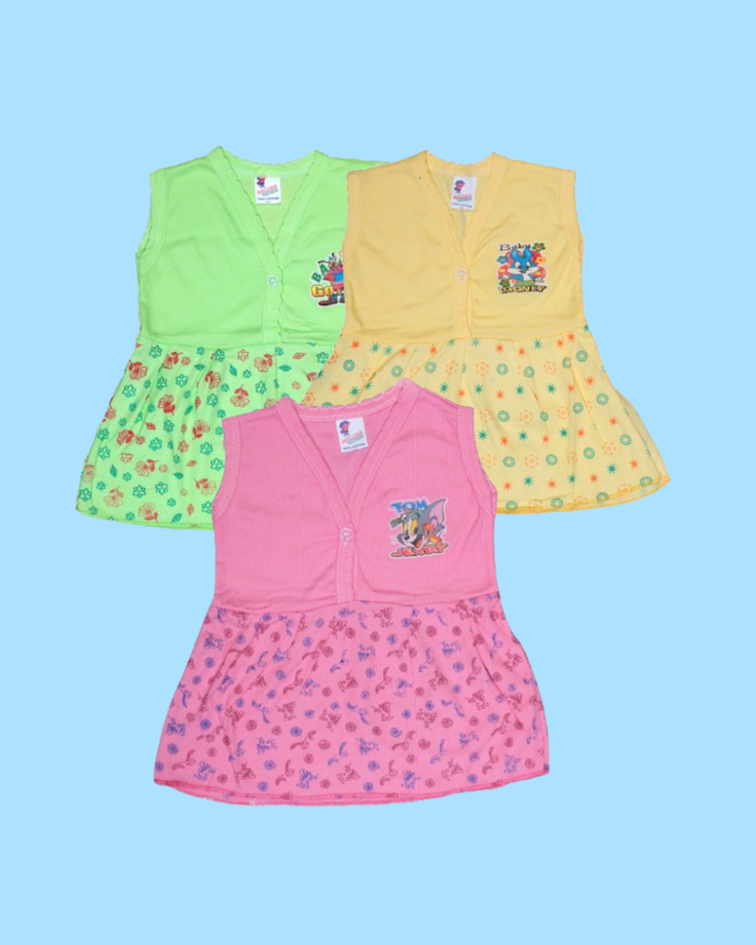 Baby Girl Cotton Frock Tops | Sleeveless | Front-Open | Printed
