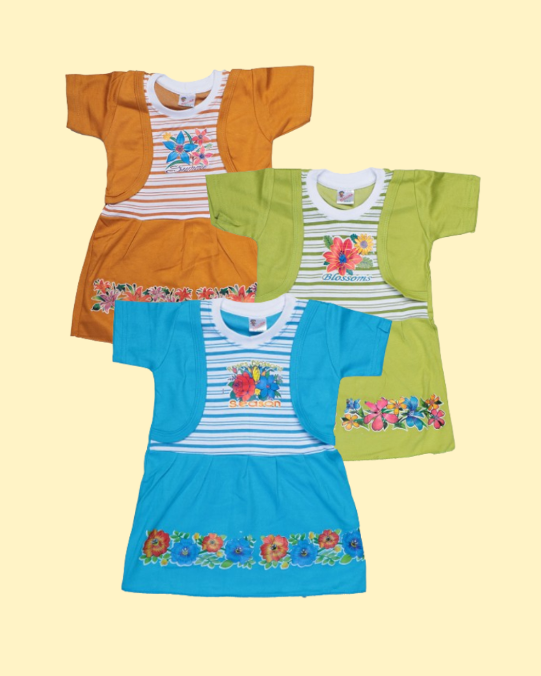 Baby Girl Cotton Frock Set | Pack of 5 | Striped & Floral Print Combo
