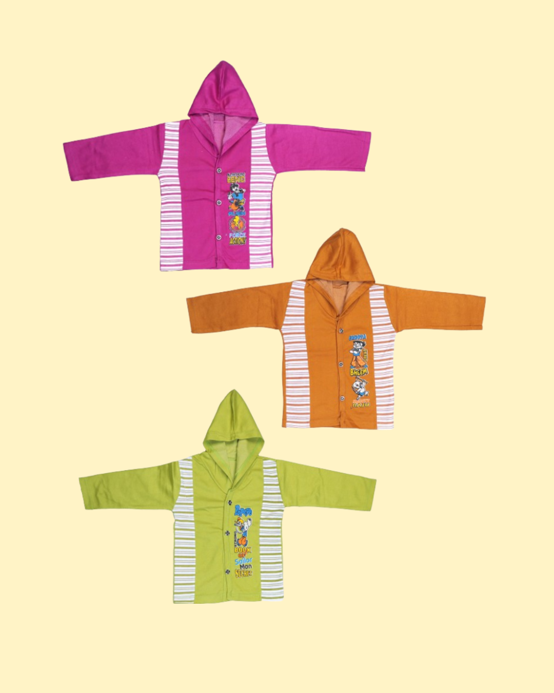 Kids Cotton Hooded Tops | Pack of 5 | Cartoon Print with Stripes
