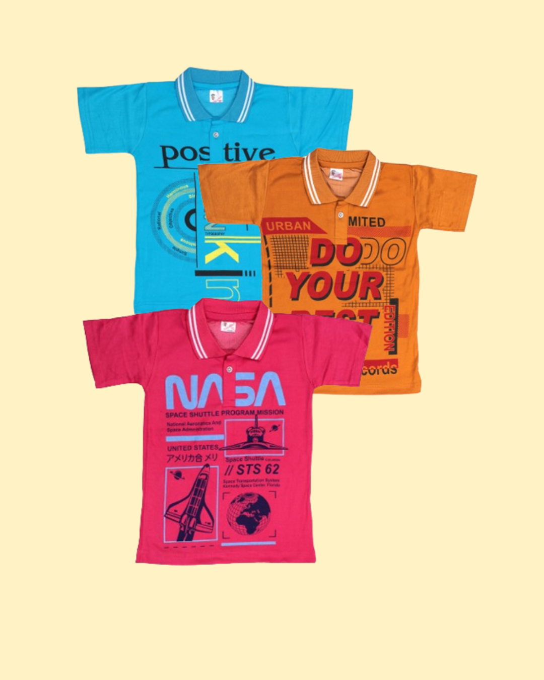 Boys Polo Neck Graphic Tees | Pack of 5 | NASA & Motivational Prints