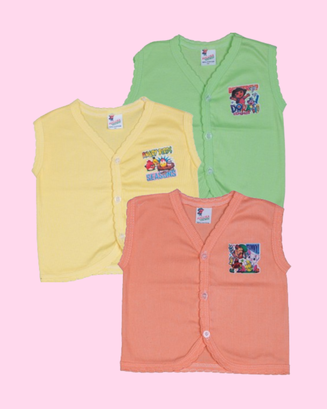 Sleeveless Cotton Baby Vests | Front-Open | Cartoon Print