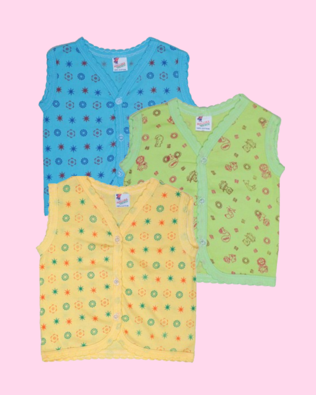 Cotton Baby Vests | Sleeveless | Front-Open | All-Over Print